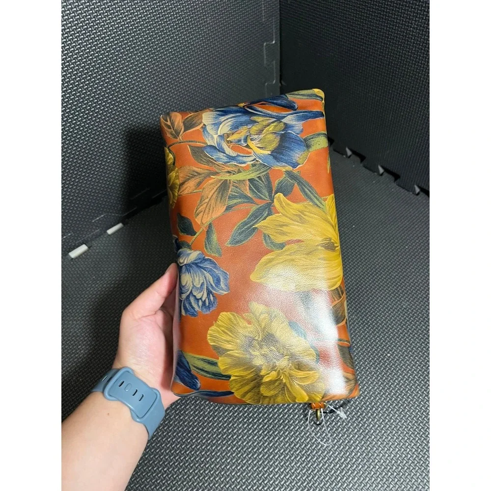 Patricia Nash Wristlet Women OS Orange Floral Leather Foldover Clutch Bag